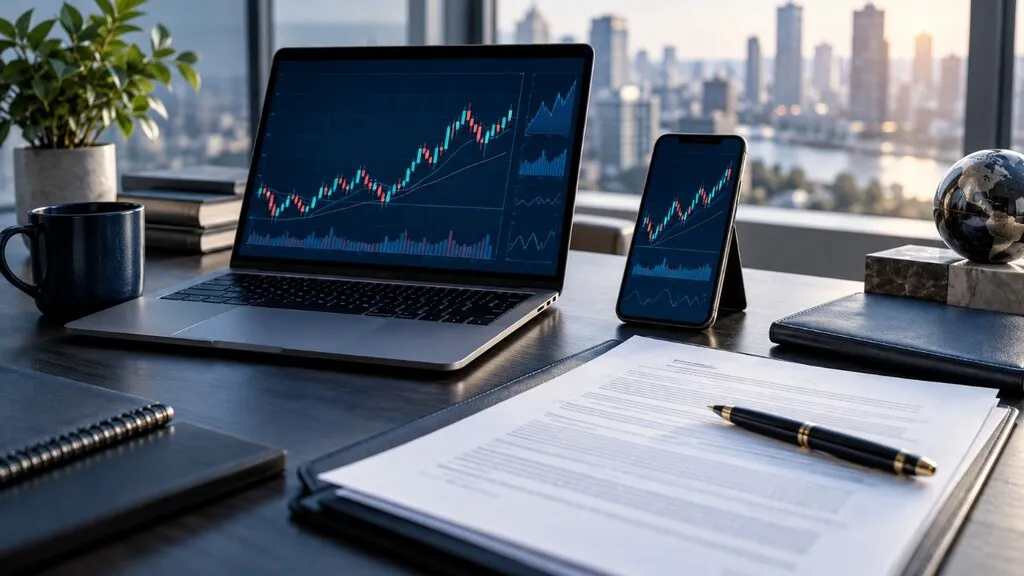 Notebook e smartphone com gráficos de negociação financeira ao lado de um contrato e caneta sobre mesa de escritório
