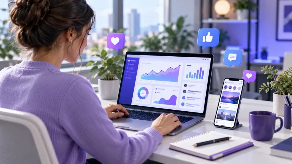Profissional de marketing digital diante de notebook com painel de métricas de redes sociais e smartphone ao lado